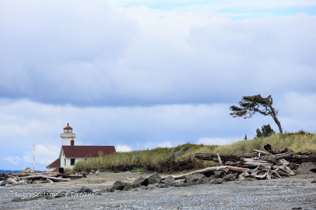 a lighthouse above a windy bluff and rocky beach